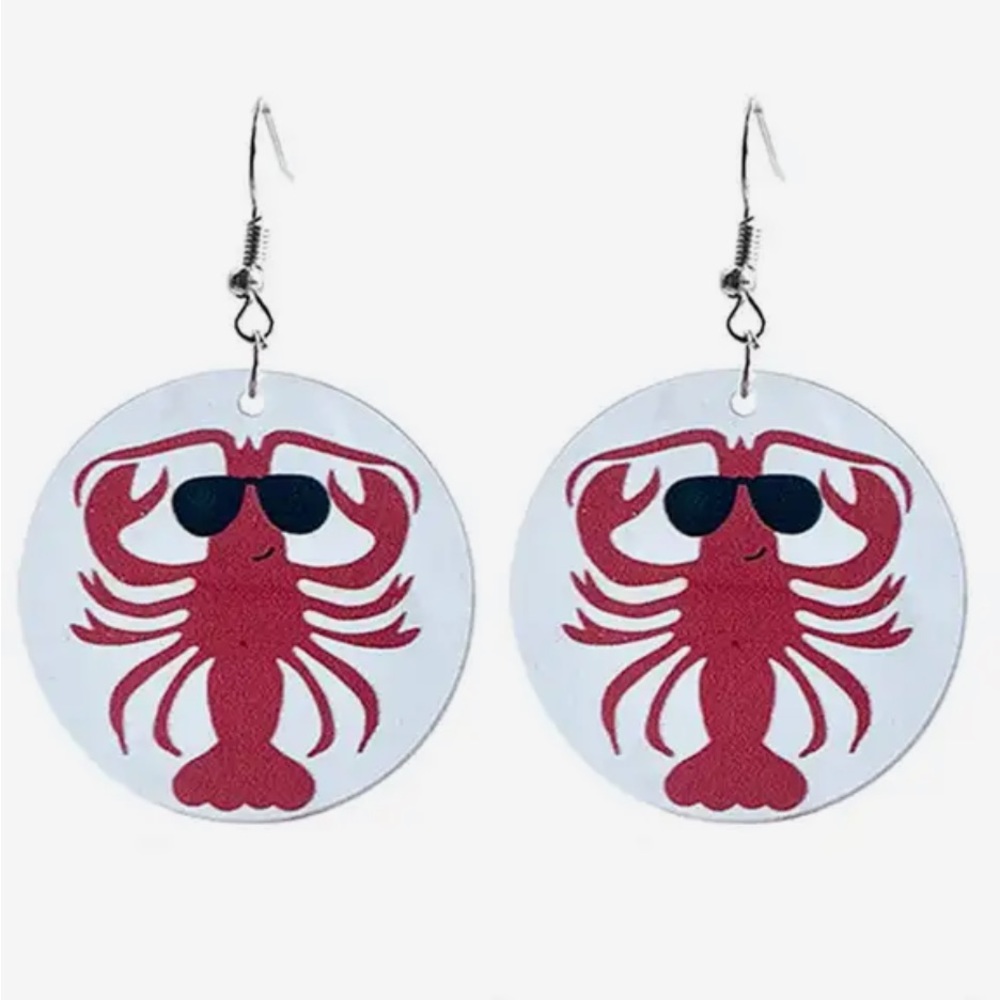 Cajun crawfish wearing sunglasses acrylic 2” circle Dangling Pierced earrings